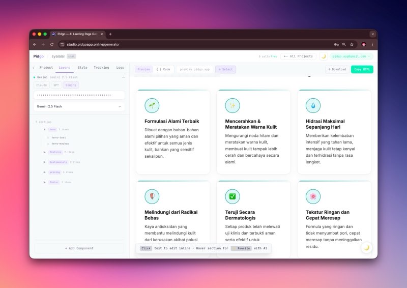 Pidgo editor — sidebar + preview