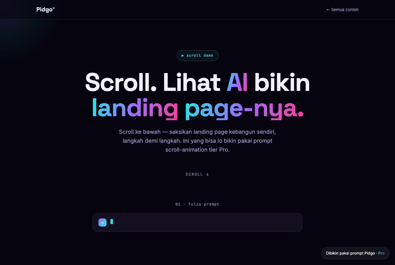 Demo 'AI bikin LP' — landing page gelap dengan demo scroll