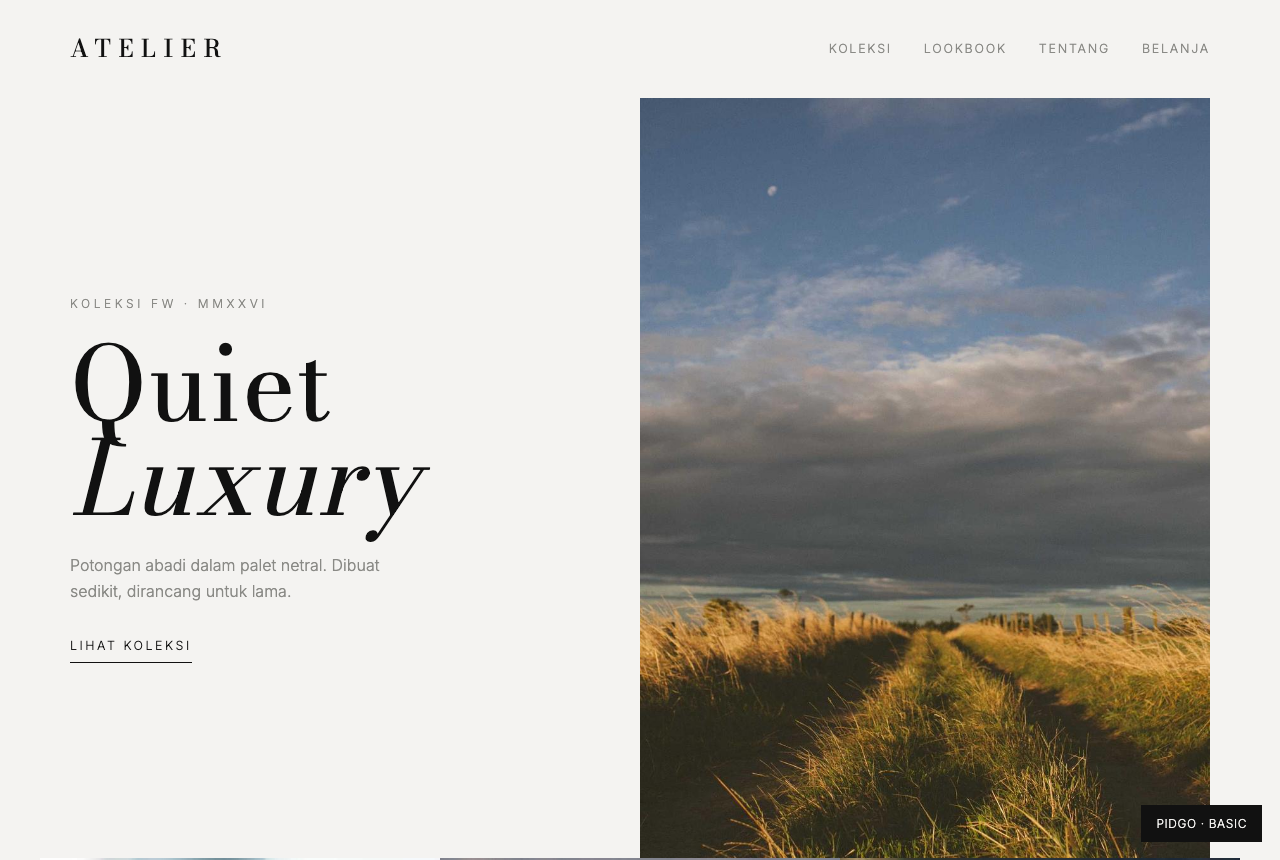 Atelier — landing page fashion editorial kontras tinggi