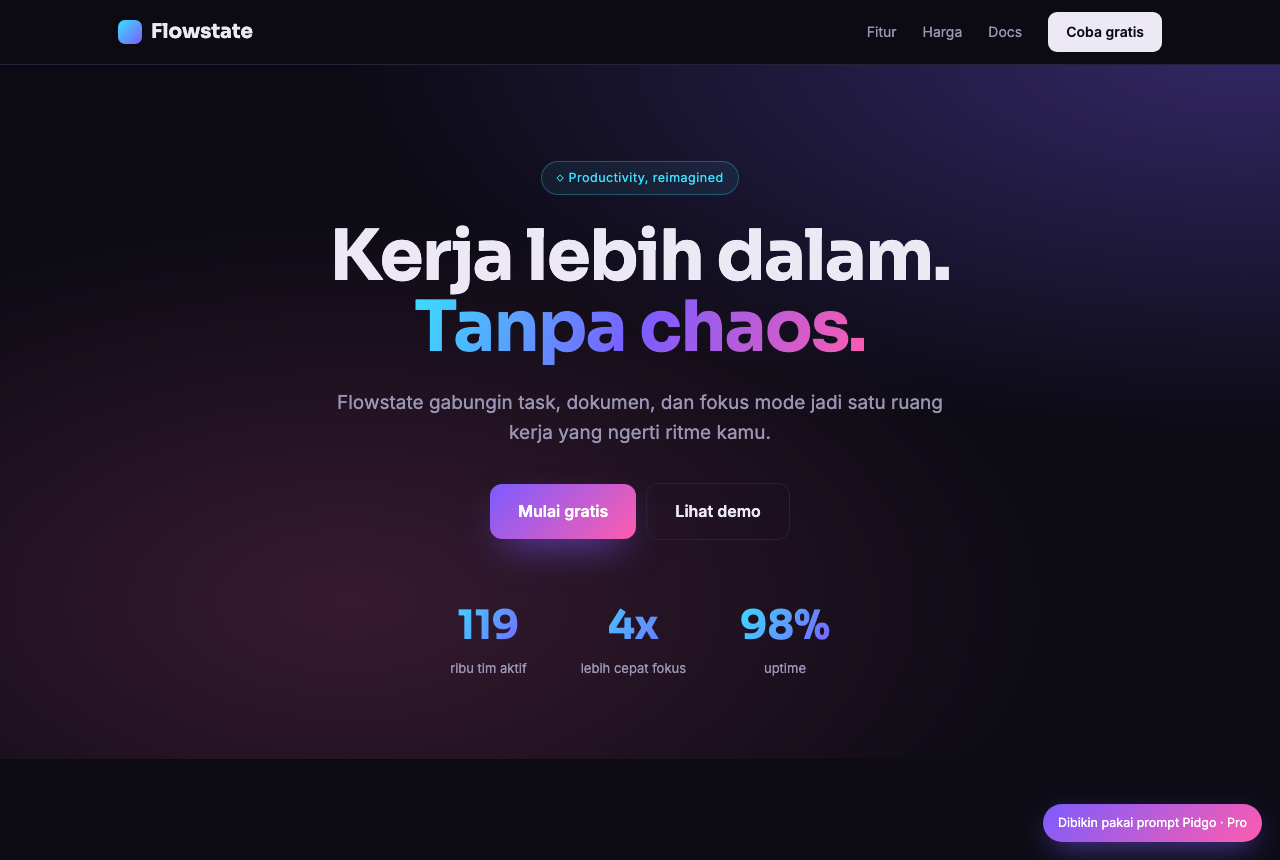 Flowstate — landing page SaaS gelap, sans tebal, angka statistik cyan dan pink