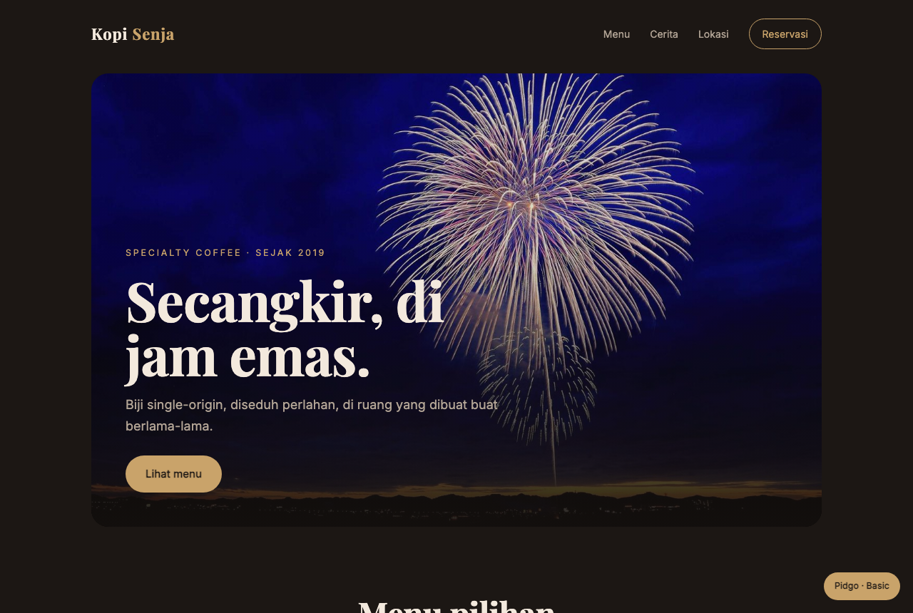Kopi Senja — landing page kafe, editorial hangat