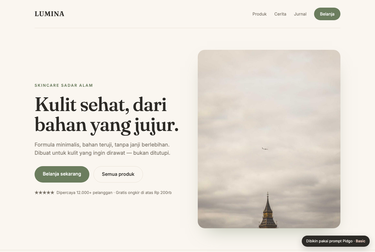 Lumina — landing page skincare, editorial terang dengan headline serif besar