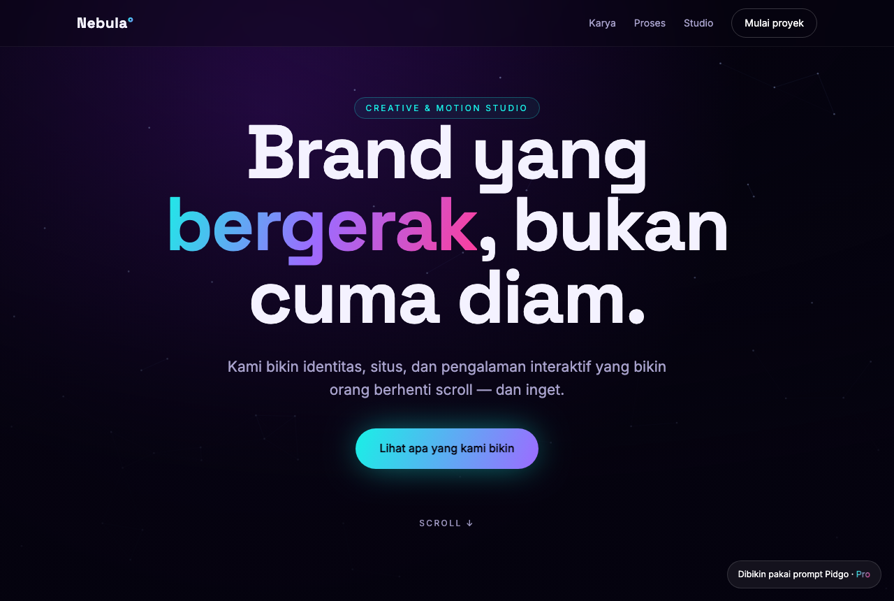 Nebula — landing page studio kreatif gelap dengan tipografi raksasa dan satu kata gradient